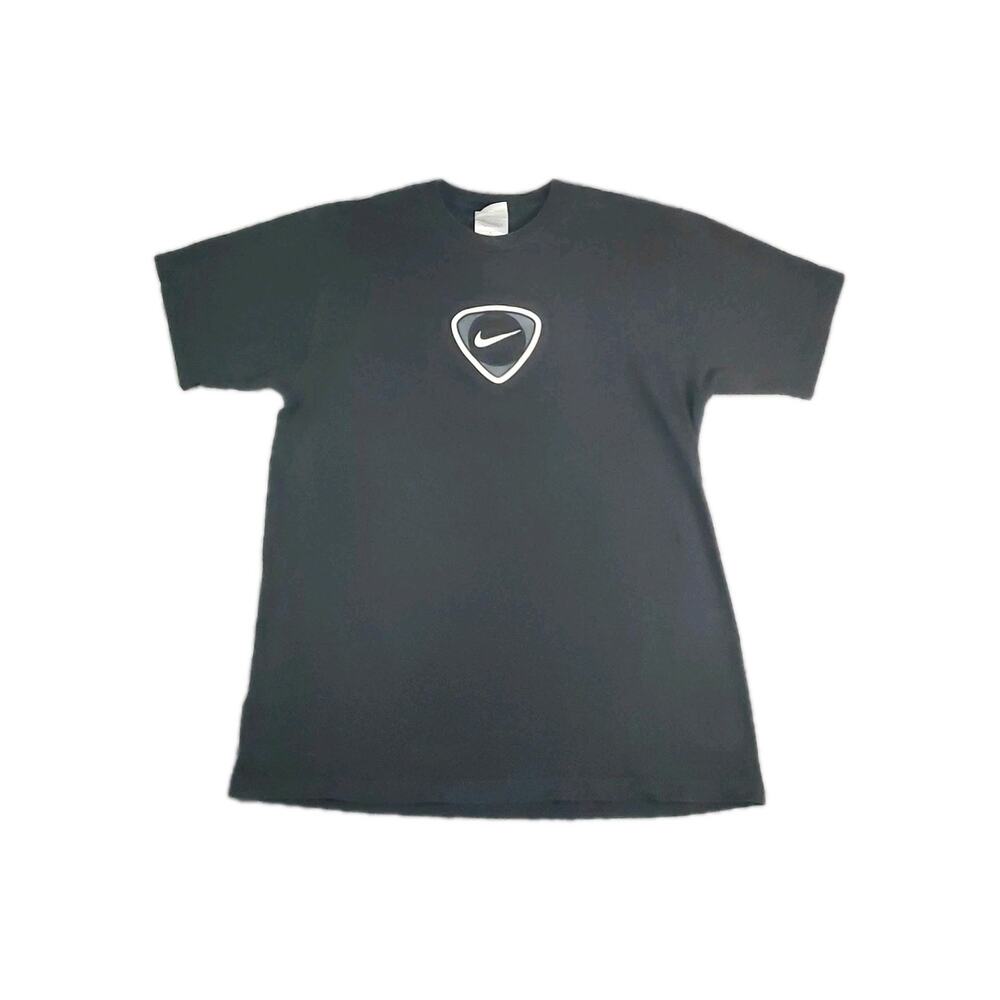 Nike Menโs Soccer T Shirt Black S Cotton 90s Y2K Big Logo Swoosh Silver Tag VTG